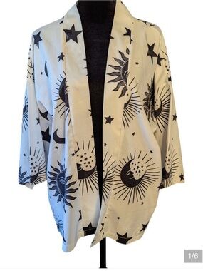 Moon & Sun Star Print Open Front Kimono - Black on Cream